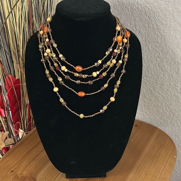Estate Jewelry, neutral tone, mixed beaded five strand necklace - Picture 1 of 8